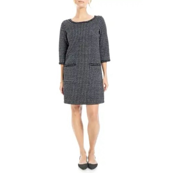 Max Studio London • Double Knit Tweed Bateau Neck Shift Dress in Navy Blue - Picture 2 of 7